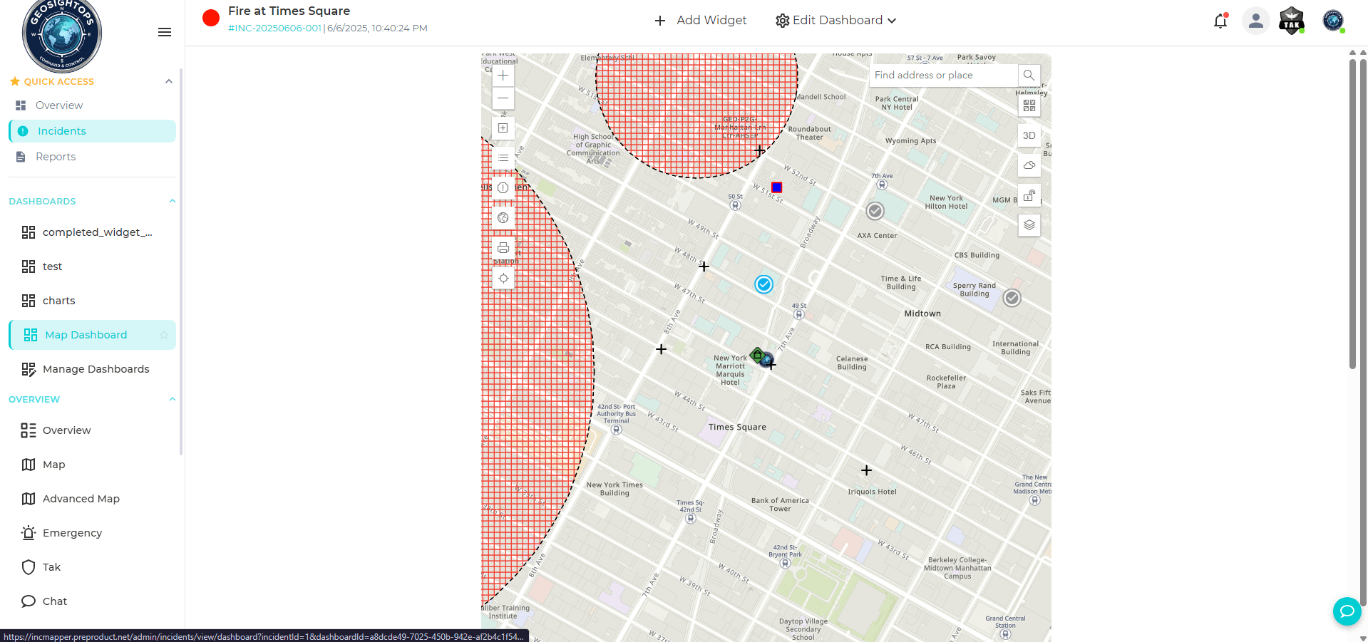 Map dashboard with incident zones and layers.